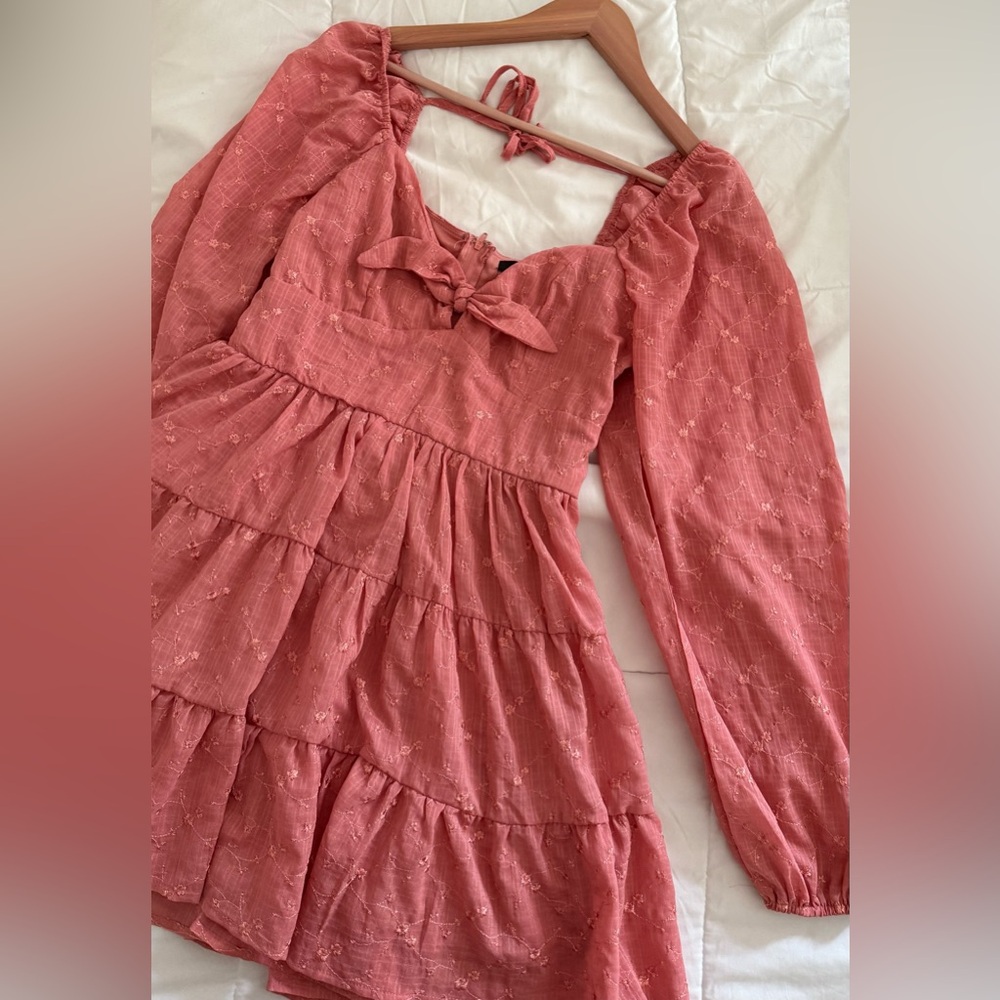 Trixxi Bridgette Jacquard Ruched Ruffled Dress in Dusty Rose